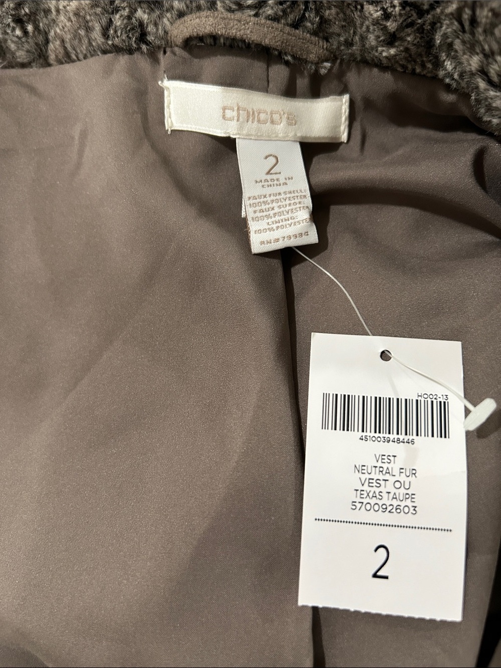Chicos faux fur vest gray/tan NWT size 2 - Picture 8 of 9